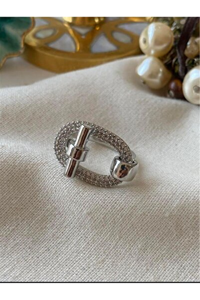 GAMZELİRENKLERİM Silver Zircon Stone Lock Design Ring Silver Color Steel