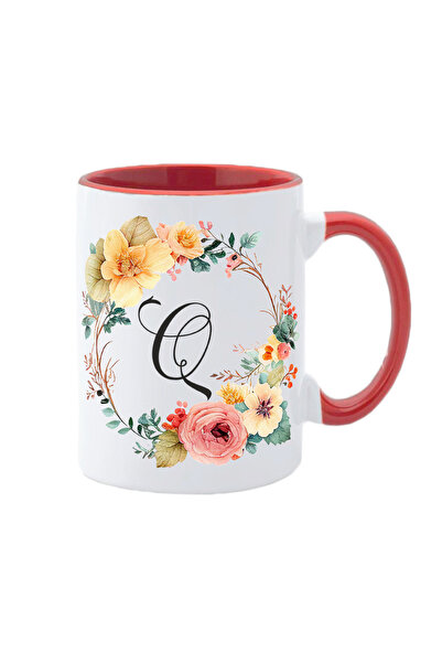 AFFIX THE DIFFERENT PERSPECTIVE Personalized white mug with the initial of the name inside and red handle Flower-Alphabet Collection letter Q