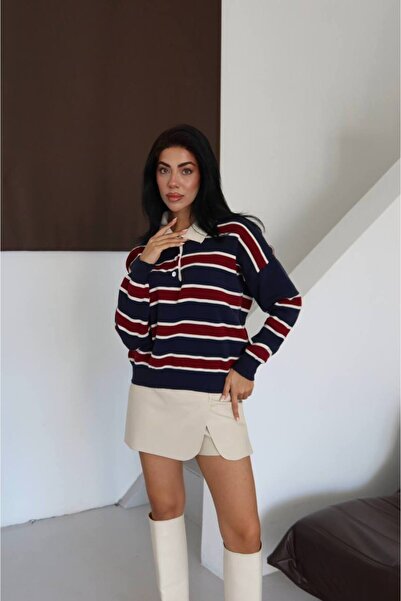DONNA LISSA Women's Polo Neck Striped Multi-Colored Knitwear Sweater