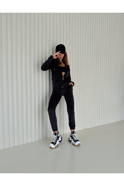 Gugus Women's French Velvet Zippered K Hooded Bottom/Upper Set