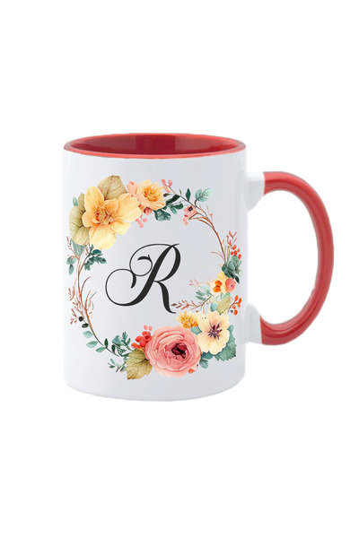 AFFIX THE DIFFERENT PERSPECTIVE Personalized white mug with the initial of the name inside and red handle Flower-Alphabet Collection letter R