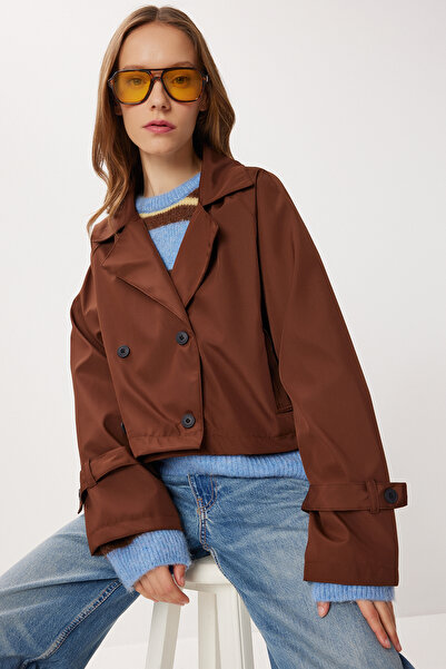 Lovelyİstanbul Double-Breasted Short Trench Coat Lmk0002 Brown