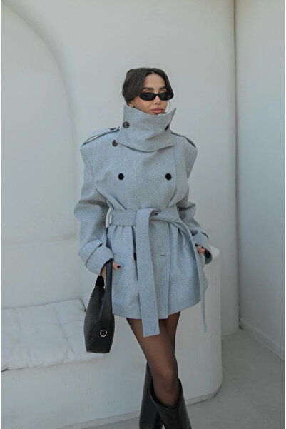 My Blog Grauer Kaschmirmantel mit Stehkragen und detailliertem Detail - 1125