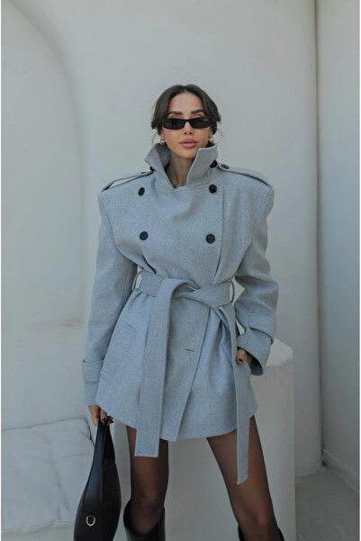 My Blog Grauer Kaschmirmantel mit Stehkragen und detailliertem Detail - 1125