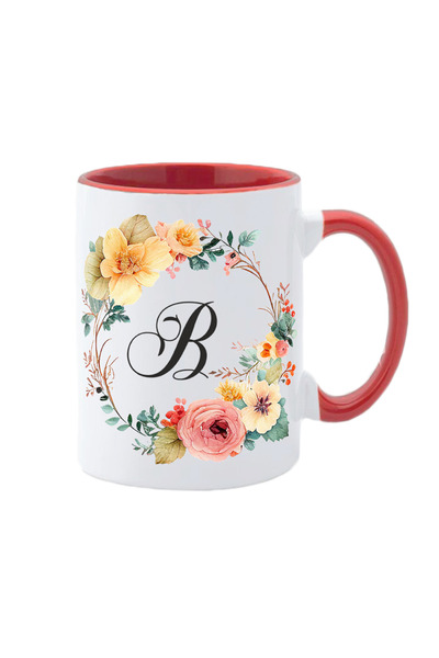 AFFIX THE DIFFERENT PERSPECTIVE Personalized white mug with initial of name inside and red handle Flower-Alphabet Collection letter B