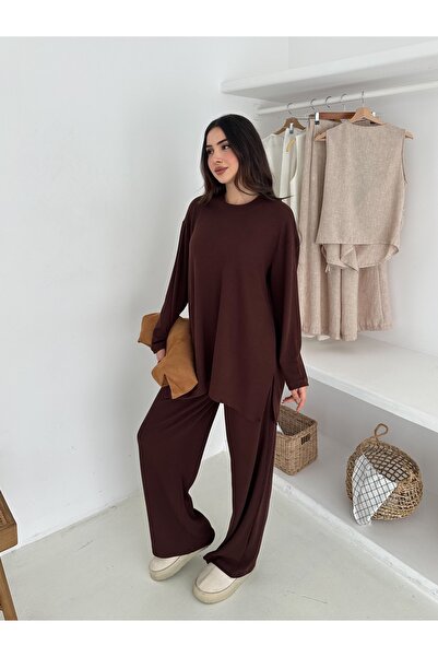 FEWTİNT Crew Neck, Long Sleeves, Tunic with Side Slit Detail. Elastic Waist Long Pants.