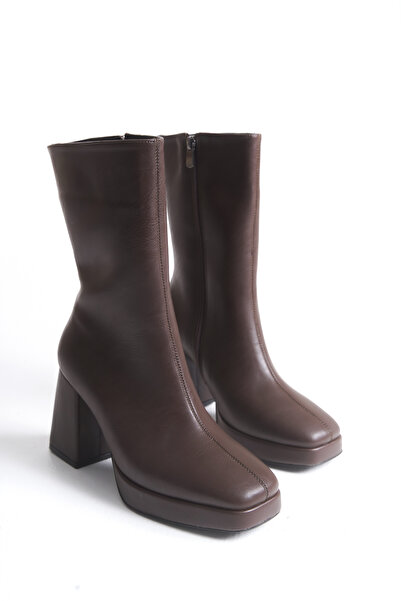 FEMME Kadın Küt Burun Platform Fermuarlı Kalın Topuklu Günlük Dreem Kahve Cilt