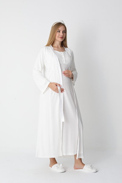 BLACKMORE Women's Special Lace Detailed Design Winter Maternity Nightgown Dressing Gown Set of 2