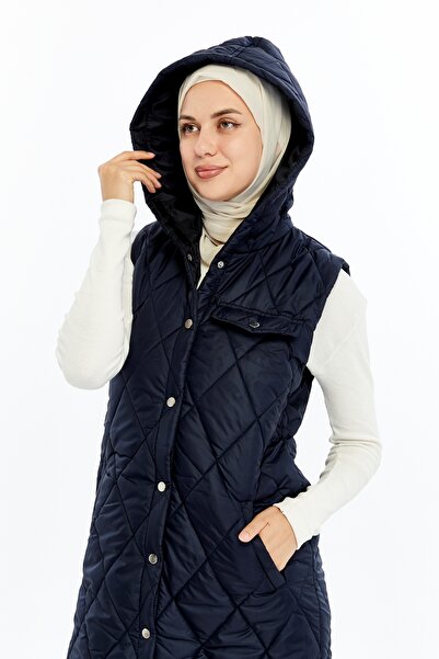 Modabenna Women's Hooded Long Snap Fastener Inflatable Filling Vest