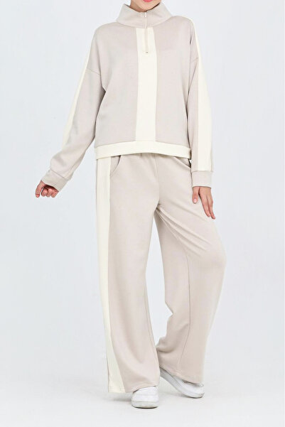 MODANINO Girl's Double Face Fabric Half-Zipper and Ribbon Garni Detailed Top and Bottom Set 12371