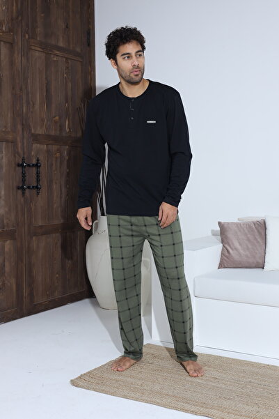 Serena Dark green men's pajamas - blouse with buttons and metallic detail, long plaid pants