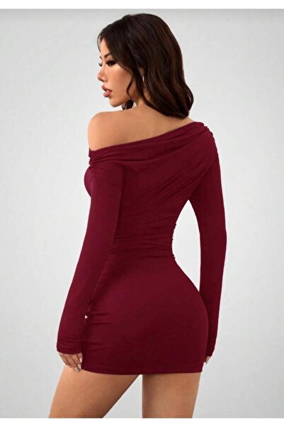 MEGOMEL Asimetrik Yaka Büzgü Detaylı Uzun Kollu Likralı Mini Elbise ( Mevsimlik ve Kışlık )