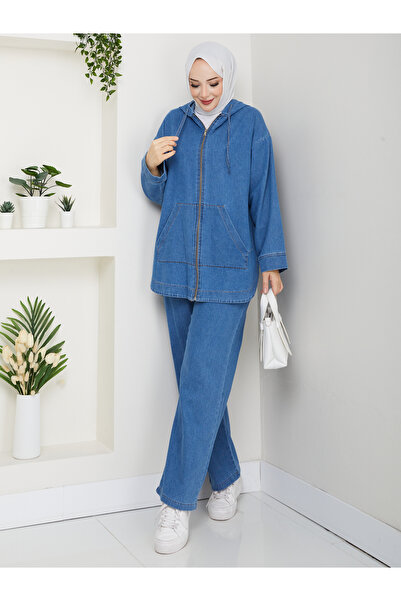 Pamuk Butik Women's Casual Denim Two-Piece Set with Pants