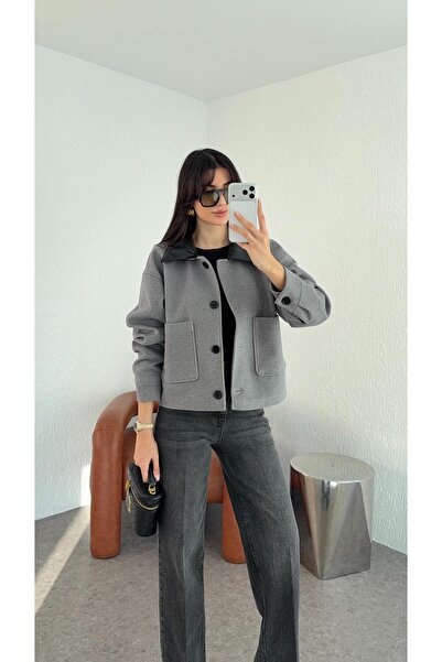 HAZELANNA سترة كاش مايوه رمادية اللون بياقة مفتوحة