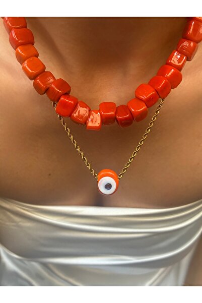 DeNors Set of 2 Necklaces |   Orange Glass Bead Necklace |   Gold Nazar Beade...