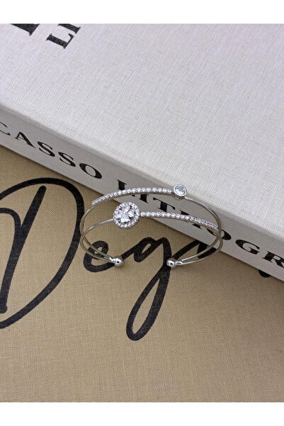 Hedef Bijuteri Silver Color Adjustable Two Rows of Zircon Stones, Round Detailed Floral Bracelet