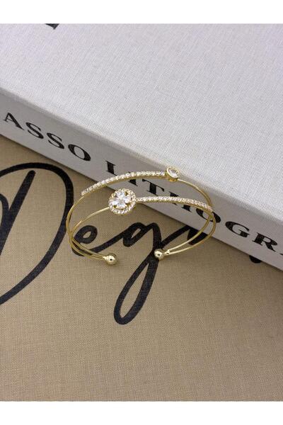 Hedef Bijuteri Gold-Colored Adjustable Two-Row Zircon Stone Bracelet with Round Detailed Flowers