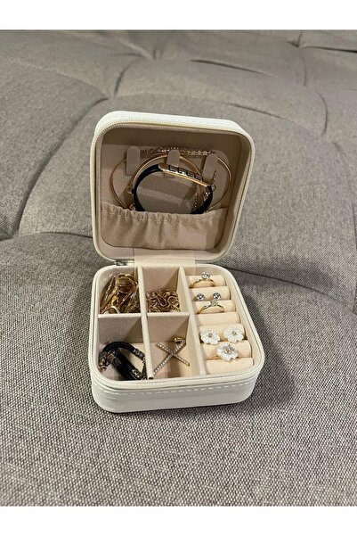 Generic YouBella Portable PU Leather Jewelry Storage Box with Zipper and Compartments (White)