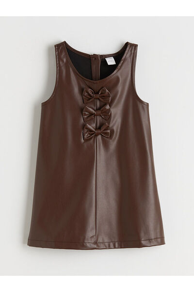 LC Waikiki Vizyon New Season Bow Detailed Leather-Look Girls' Dress and Pantyhose