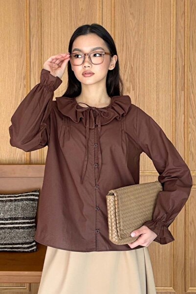 Ceylan Otantik Bitter Brown Peter Pan collar Bow Tie Shirt