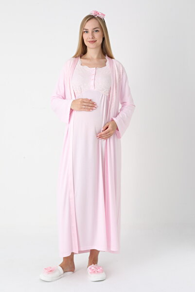 BLACKMORE Women's Special Lace Detailed Design Winter Maternity Nightgown Dre...