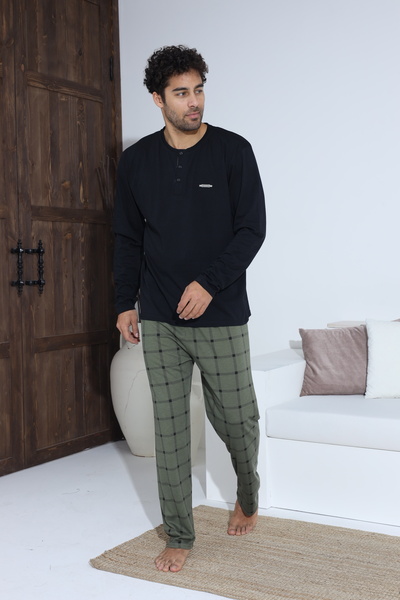 Serena Dark green men's pajamas - blouse with buttons and metallic detail, long plaid pants