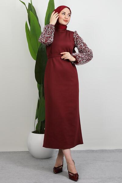 GİYZAMİLA Stripe Sleeve Pattern Dress Burgundy