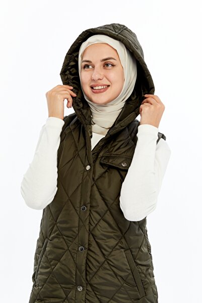 Modabenna Women's Hooded Long Snap Fastener Inflatable Filling Vest