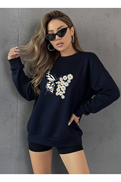 uyguntarz Унисекс суитшърт с голям размер, с принт на маргаритки и пеперуди, с обло деколте