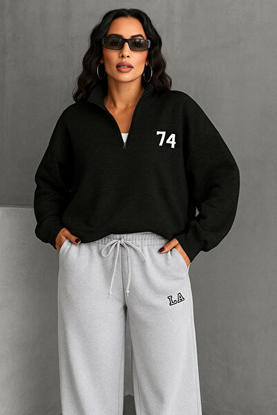 COOLHILL Women's 74 Printed Half Zip Sweatshirt and La Sweatpants Set