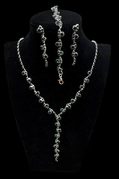 HUBANN Yeşil Taşlı 3’ lü Y Kolye Set Kolye Küpe Bileklik Seti Hediye Seti Abi...