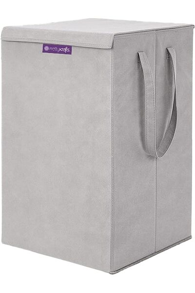 PrettyKrafts Foldable Laundry Basket for Clothes with Lid and Handle, Toy Organizer, 75 L, Gray