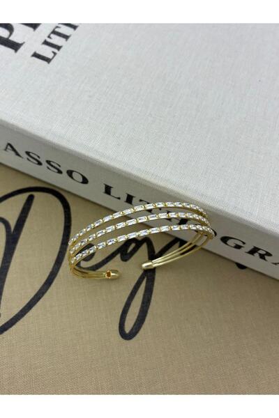 Hedef Bijuteri Gold Color Adjustable Three Rows Rectangle Zircon Stone Bracelet