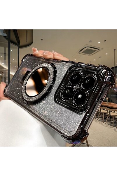 Generic جراب مغناطيسي لامع لهاتف Xiaomi 15T، حامل لامع، مرآة مكياج، غطاء متدر...