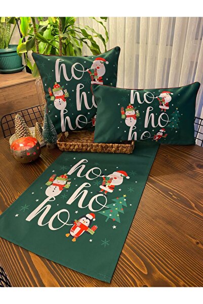 KIRLENTİM Winter New Year-3-Piece-H1258 Green Background Ho Ho Snowman-Pillowcase and Runner Combination