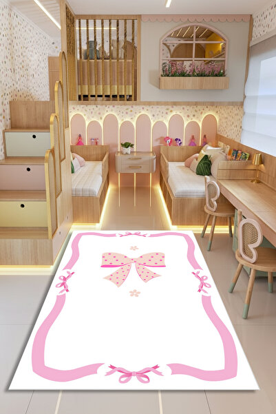Kessy Home Studio LUPİ Pembe Fiyonklu Kız Bebek Halısı Kaymaz Taban Yıkanabil...