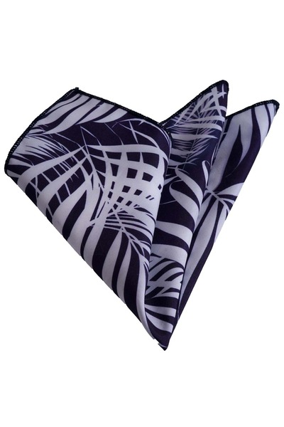 Exve Exclusive White Hawaiian Leaf Printed Pocket Lapel Handkerchief on Navy Blue