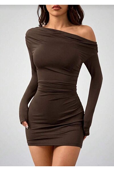 MEGOMEL Guler asimetric detaliu încrețit cu mânecă lungă material elastic rochie mini (vara și iarnă)