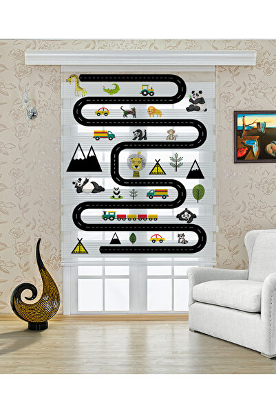 Yznhome Kara Yol Haritası ve Arabalar Desenli Zebra Perde - YZN-301