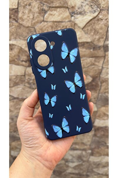 Vip Case Redmi A5 Compatible Blue Butterfly Patterned Silicone Shock-Absorbing Classic Protective Rubber Case