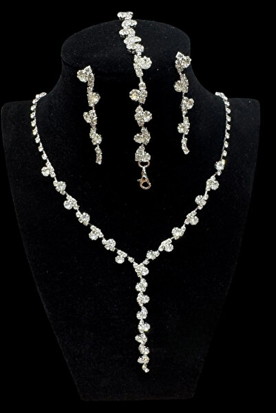 HUBANN Gümüş Renk Taşlı 3’ lü Y Kolye Set Kolye Küpe Bileklik Seti Hediye Set...