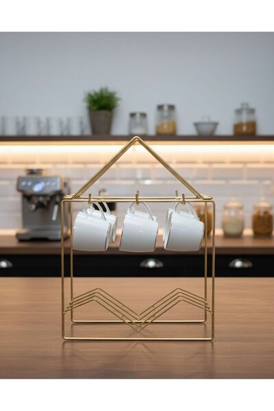 Vivart Lüx Gold Metal Fincanlık ve Tabak Düzenleyici\ 6 Kişilik Kahve Seti St...