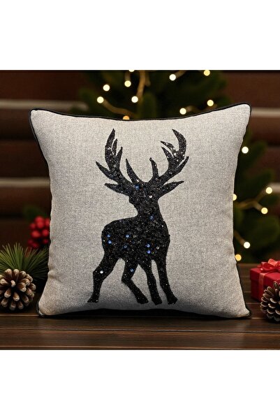 Leila Home and Living Gri siyah payetli Geyik temalı dekoratif yılbaşı kırlen...