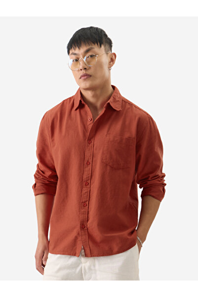 The Souled Store By Styli Men Rust Plain Spread Collar Cotton Linen Shirt