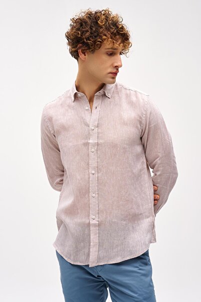 İgs Бежева сорочка з довгими рукавами та коміром-на-ґудзиках, 100% льон, з динамічним кроєм