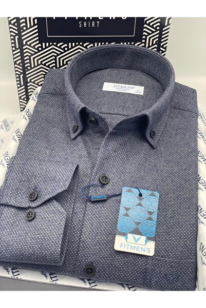 Fitmens Classic Long Sleeve Winter Collar Buttoned Woolen 100% Cotton Gift Boxed Men's Shirt Fs-003768 - Indigo