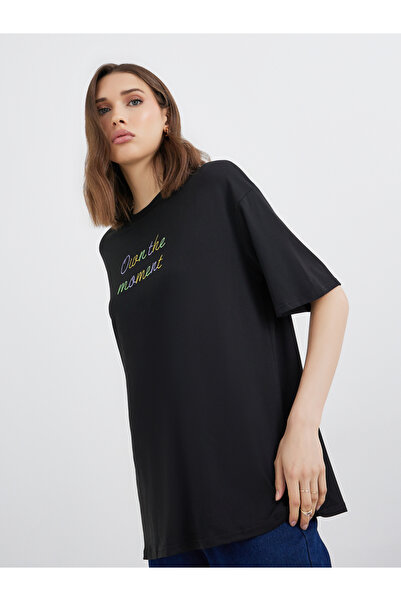 Take Two By Styli Black Oversized T-Shirt with Embroidered Slogan