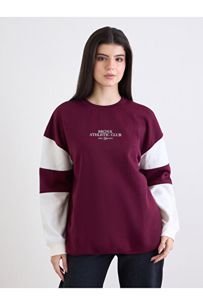 Styli Burgundy Color Block Oversized Sweatshirt