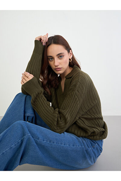 Styli Olive Green Longline Knit Sweater