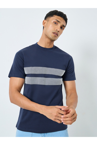 Styli Men Navy HD Print Mock Neck T-Shirt
